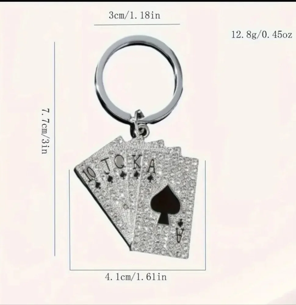 Sparkling Silver Rhinestones Playing Cards Keychain Spades Poker Key Ring Holder